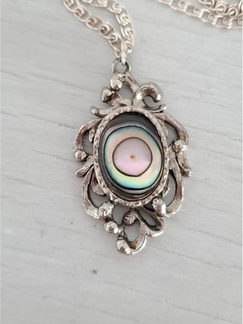 Vintage Sterling Silver Abalone Shell Scroll Pendant with Chain Necklace